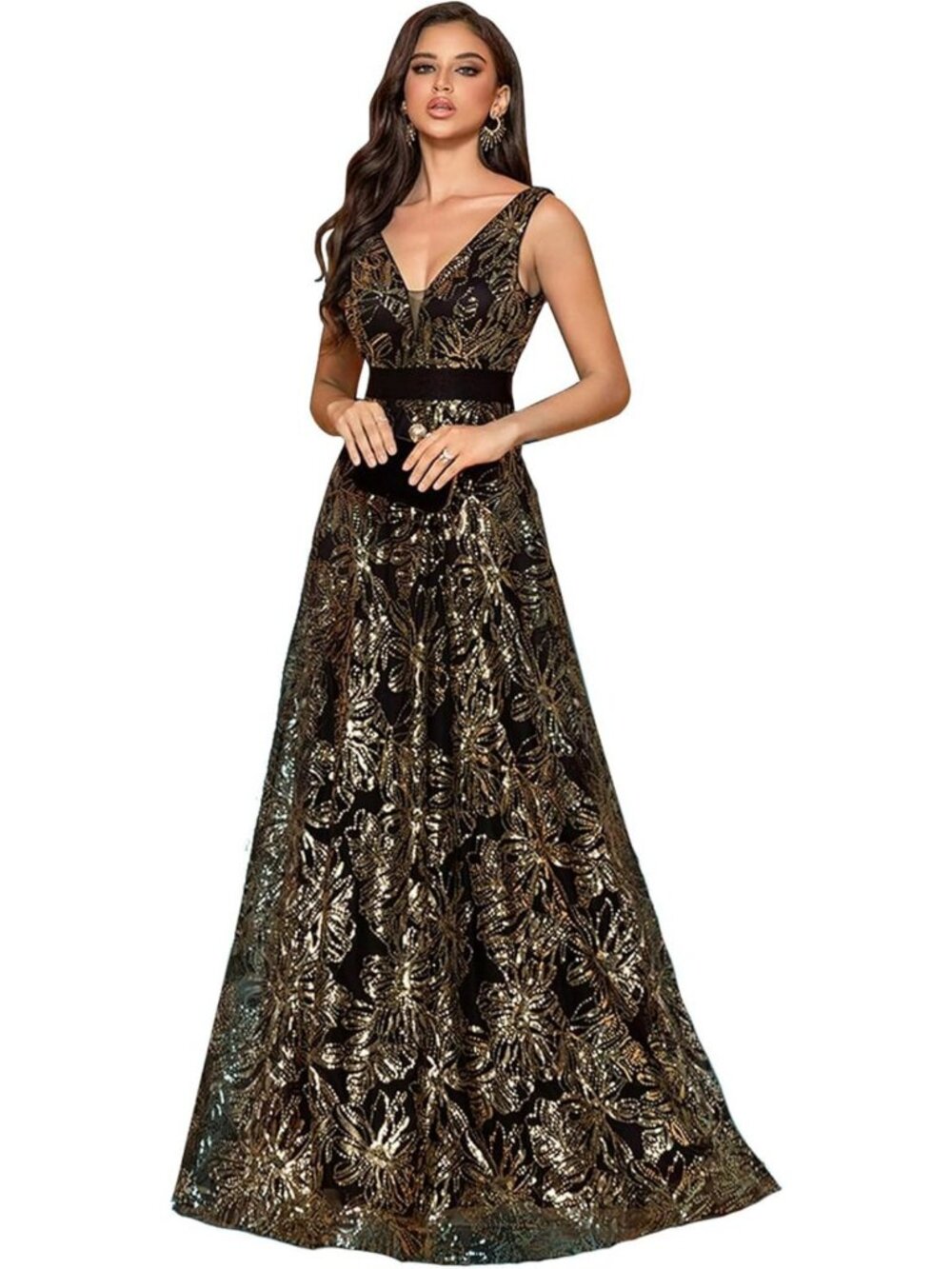 Glitter Sequined Sleeveless Long Formal A-Line Prom Dress - Floor Length Evening